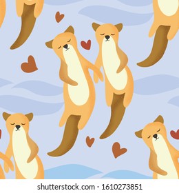 Happy valentine day vector textured animal seamless pattern in a flat style. Otter aquatic couple swimming together. Romantic illustration.