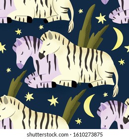 Happy valentine day vector textured animal seamless pattern in a flat style. Zebra horse couple sleeping together among moon and stars.