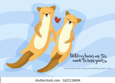 Happy valentine day vector textured animal card in a flat style with quote and real facts about love. Otter aquatic couple swimming together. Romantic illustration.