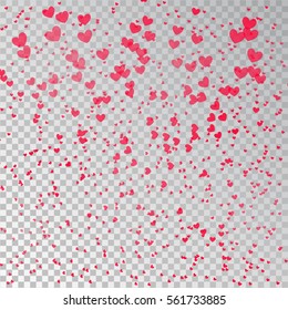 Happy valentine day and wedding shimmer design elements. Valentines Day love heart confetti. Vector illustration Valentine heart confetti transparent shimmer background template. Random falling hearts