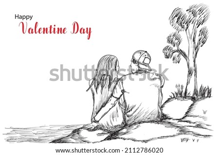 Happy Valentine day white background with heart pattern and typography of happy valentines day text. pencil hand drawing sketch. couple vector illustration.