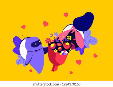 Happy Valentine Day,Birthday or Holiday Robot Cyborg Chat Bot Giving Bouquet of Flowers for Girl in Mobile App. Artificial intellect Send Parcels to Customers. Online Shopping Flat Vector Illustration