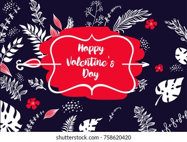 Happy Valentine day.Flower romantic collection.Emblem, quote, text, arrow.Sketch vector illustration.Template for party invitation, banner, flyer, postcard,  greeting card, gift, poster.

