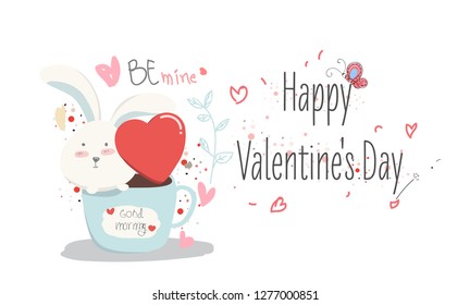 happy valentine day,lovely rabbit with heart cartoon,love,creative drawn hands made card,elements,love,flyers, invitation,brochure, banners,posters