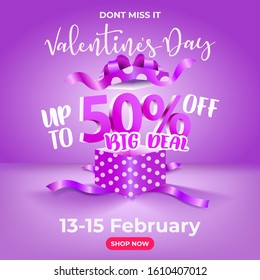 Happy Valentine Days Sale Celebration Template With Open Box Purple Background, For Online Shop Vector Illustration EPS10