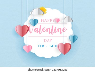 Happy Valentine day's wording on white abstract circle with colorful harts and clouds hang on blue paper pattern background. Valentine greeting card in paper cut style and vector design.