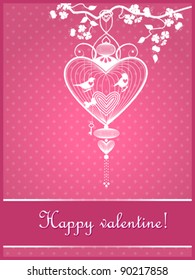 Happy valentine festive pink postcard with cage and birds.