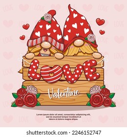 Happy Valentine With Gnome Couple, Cute Love Cartoon Illustration