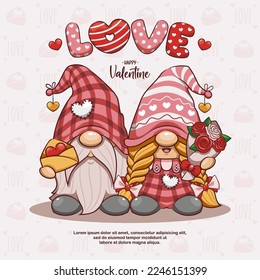 Happy Valentine With Gnome Couple In Love. Cute Cartoon Illustration