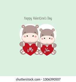 Happy valentine greeting card. Couple Hippo hold pink heart.