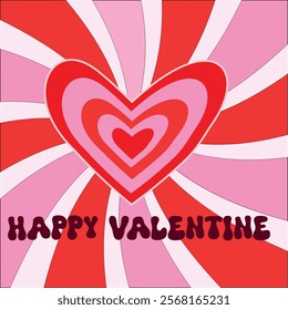 Happy Valentine groovy heart on red and pink sunburst. Template for greeting card, posters and wallpaper 