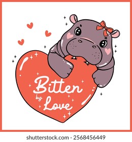 Happy Valentine Grumpy Baby Pygmy Hippo bite red Heart Hand Drawn Cartoon Character 