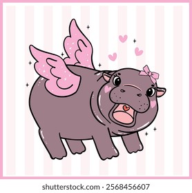 Happy Valentine Grumpy Cupid Baby Pygmy Hippo with red Heart Hand Drawn Cartoon Character 