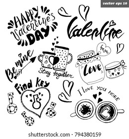 Happy Valentine hand drawn set. Vector illustration of two love cups, locker with key, lettering, jars. Elements for prints, stickers, decoration, postcards. posters.