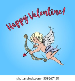 Happy Valentine. Hand drawn vintage angel with arrow, funny Cupid. Vector angel illustration.