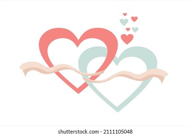 Happy Valentine. Heart shaped love symbol. Two vectors of heart and love connected with ribbon 
