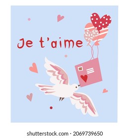 Happy Valentine illustration with French lettering. Vector design for web, print, stickers, template, etc. 