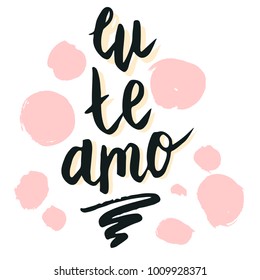 Happy valentine lettering Eu te amo (I love you in Spanish) hand written and isolated on white with pink circle background.