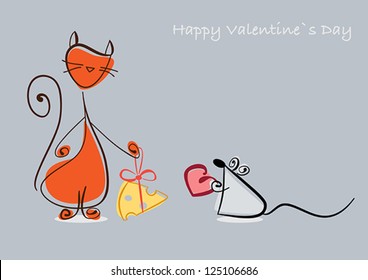 Happy Valentine. Red cat and mouse with gifts. Vector eps10 illustration. Raster file included in portfolio