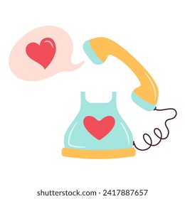 Happy Valentine Retro phone with heart. Love message. Valentines day concept. Trendy flat vector illustration