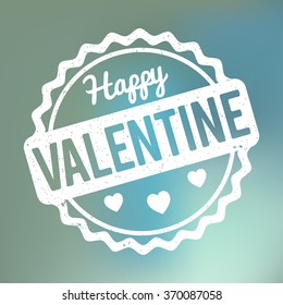 Happy Valentine rubber stamp white on a blue bokeh fog background.