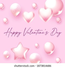 Happy Valentine s Day background with pink foliage balloons. Cute birthday invitation