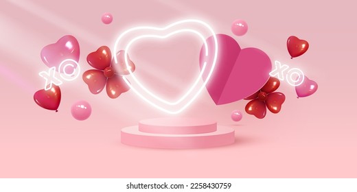 Happy Valentine s Day background. Realistic 3d stage podium, round studio, holiday decorative items, heart shaped balloons, xo symbol.Vector