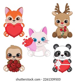 Happy Valentine s day card with cute cartoon little Valentine cat, fox, deer, panda and sloth in love and funny cartoon character vector