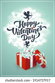 Happy Valentine s day greeting card - love day vector card or poster with red gift box and cupids in the clouds. Vector illustration