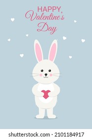 Happy Valentine' s Day greeting card with cute bunny. White rabbit holds love heart.
