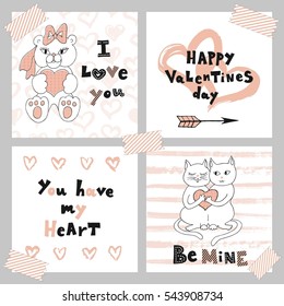 Happy Valentine s day. Greeting card set with cute kittens and teddy bear. Cute Hand drawn holiday cards and invitations.