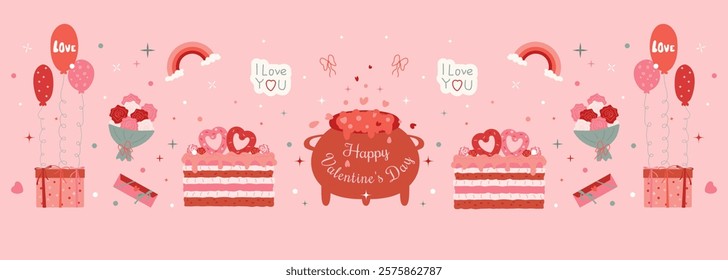 Happy Valentine s Day hand-drawn Horizontal banner.