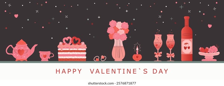 Happy Valentine s Day hand-drawn horizontal banner on a dark background.