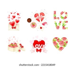Happy Valentine s Day with Heart and Rose Bud Vector Composition Set