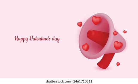 Happy Valentine s Day. Love time concept, realistic 3d megaphone, loudspeaker with red hearts and golden confetti. Vector illustration