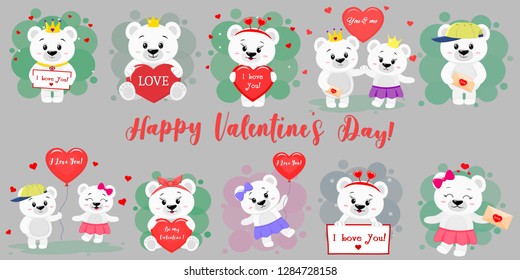 Happy Valentine s Day. Mega set of twelve characters of a cute polar bear in various poses and accessories in cartoon style. With a red heart, balloon, letter. Flat design vector.