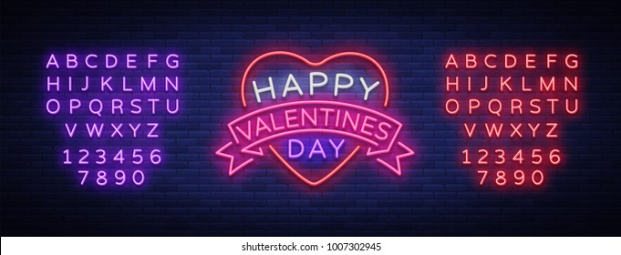 Happy Valentine s Day is a neon sign. Bright light banner, neon billboard, vivid advertising, brochure. Design a template for greetings, advertising, postcard, flyer, card. Vector illustration