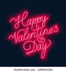 Happy Valentine s day neon lettering on dark background.