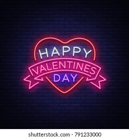 Happy Valentine s Day is a neon sign. Bright light banner, neon billboard, vivid advertising, brochure. Design a template for greetings, advertising, postcard, flyer, card. Vector illustration