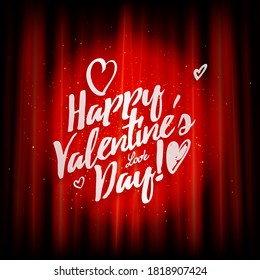 Happy Valentine s Day. Open Red Curtains with Neon Lights and Copy Space. Vector Illustration. Theater, Opera or Cinema Scene. Light on a Floor