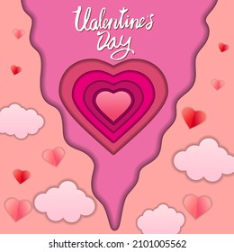 Happy Valentine s day paper cut craft design banner, red pink hearts and clouds. Background template for greeting card, invitation, vector