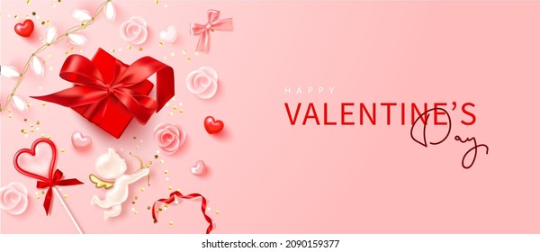 Happy Valentine s Day poster with realistic 3d gift box, angel cupid, candy heart, roses, garland, hearts, red ribbon and golden confetti.Festive background for February 14 .Vector design for postcard