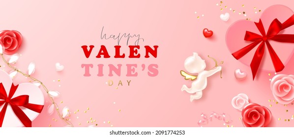 Happy Valentine s Day poster with realistic 3d angel cupid, gift boxes, hearts, roses, ribbon, garland and confetti.Festive background for February 14.Vector design for postcards, advertising material