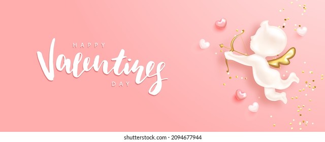 Happy Valentine s Day poster with realistic 3d angel cupid, hearts and confettti.Festive background for February 14 with hand lettering.Vector design for postcards, advertising material, websites
