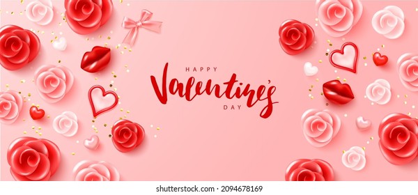 Happy Valentine s Day poster with realistic 3d roses, hearts, lips, bow and golden confetti.Festive background for February 14 with hand lettering.Vector design for postcards, advertising material, we