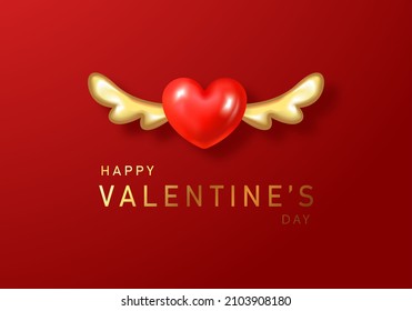 Happy Valentine s Day poster with realistic 3d Red heart and wings.Festive background for February 14 with hand lettering.Vector design for postcards, advertising material, websites