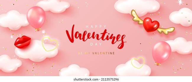 Happy Valentine s Day poster with realistic 3d flying red heart, cloud's, lips, balloons and golden confetti.Festive background for February 14 with hand lettering.Vector design for postcards, adverti