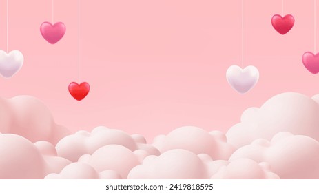 Afiche o vale del día de San Valentín feliz. Plantilla de invitación de fiesta de pancartas rosadas. El corazón 3D sobre el fondo de la nube. Concepto de amor para el feliz día de la madre, día de San Valentín, día de cumpleaños. Ilustración del vector