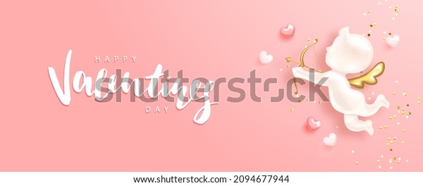 Happy Valentine s Day poster with realistic 3d\
angel cupid, hearts and confettti.Festive background for February\
14 with hand lettering.Vector design for postcards, advertising\
material, websites