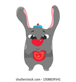 Happy Valentine s Day. rabbit hare puppy head face holding pink heart. Cute cartoon kawaii funny baby animal character. Flat design. Love card. White background. In isolation. Vector